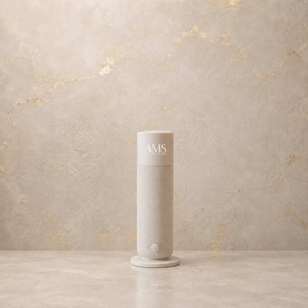 A minimalist cylindrical electric diffuser in a light beige textured finish, standing on a matching circular base against a textured beige marble wall. The top of the diffuser features the monogram 'AMS'.