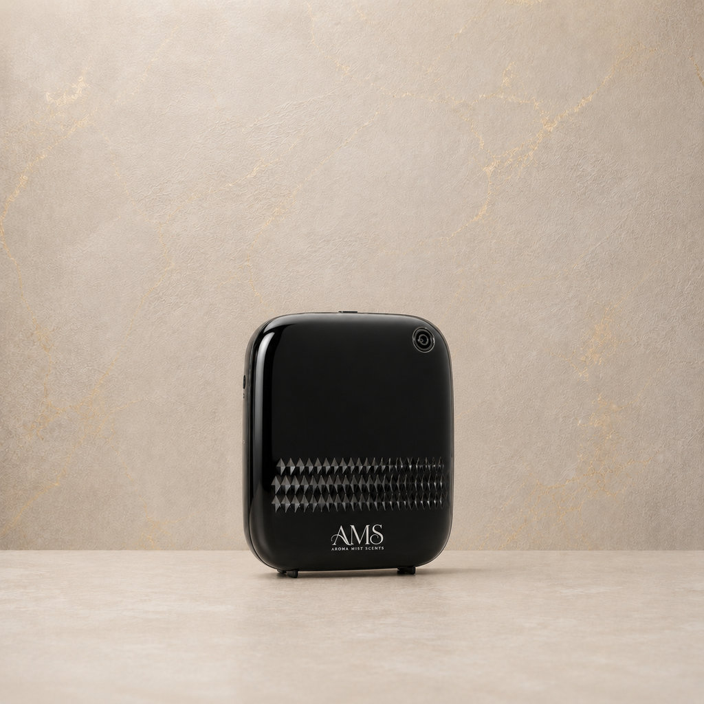 A black AMS diffuser with a glossy finish and a textured front grille, standing on a light beige surface against a textured beige wall.