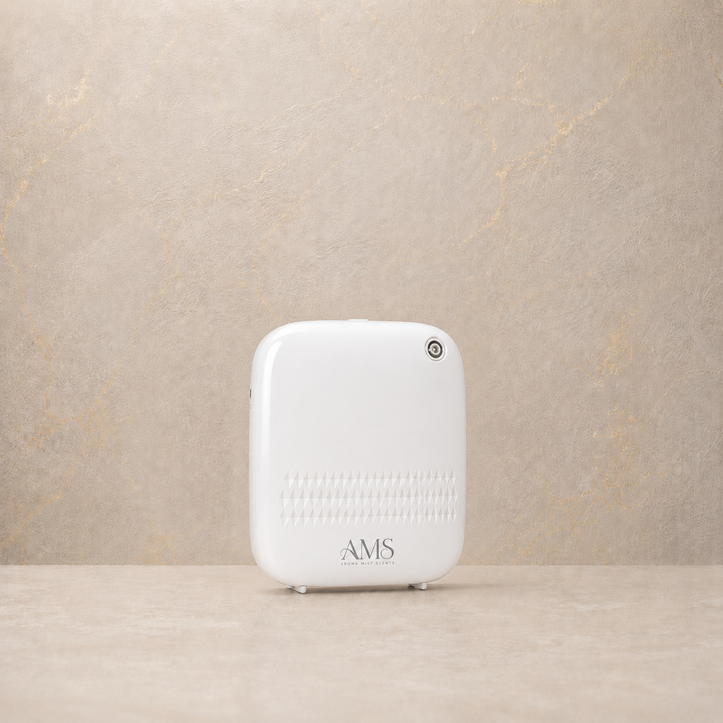 A white diffuser with the brand name 'AMS' printed on the front, standing on a light beige surface against a textured beige wall.