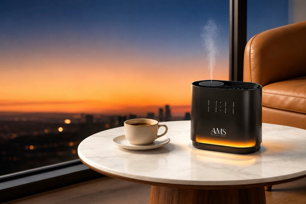 A black AMS diffuser emitting a visible plume of steam, placed on a round white marble coffee table next to a cup of coffee in a modern living space with a sunset city skyline and a leather armchair in the background.
