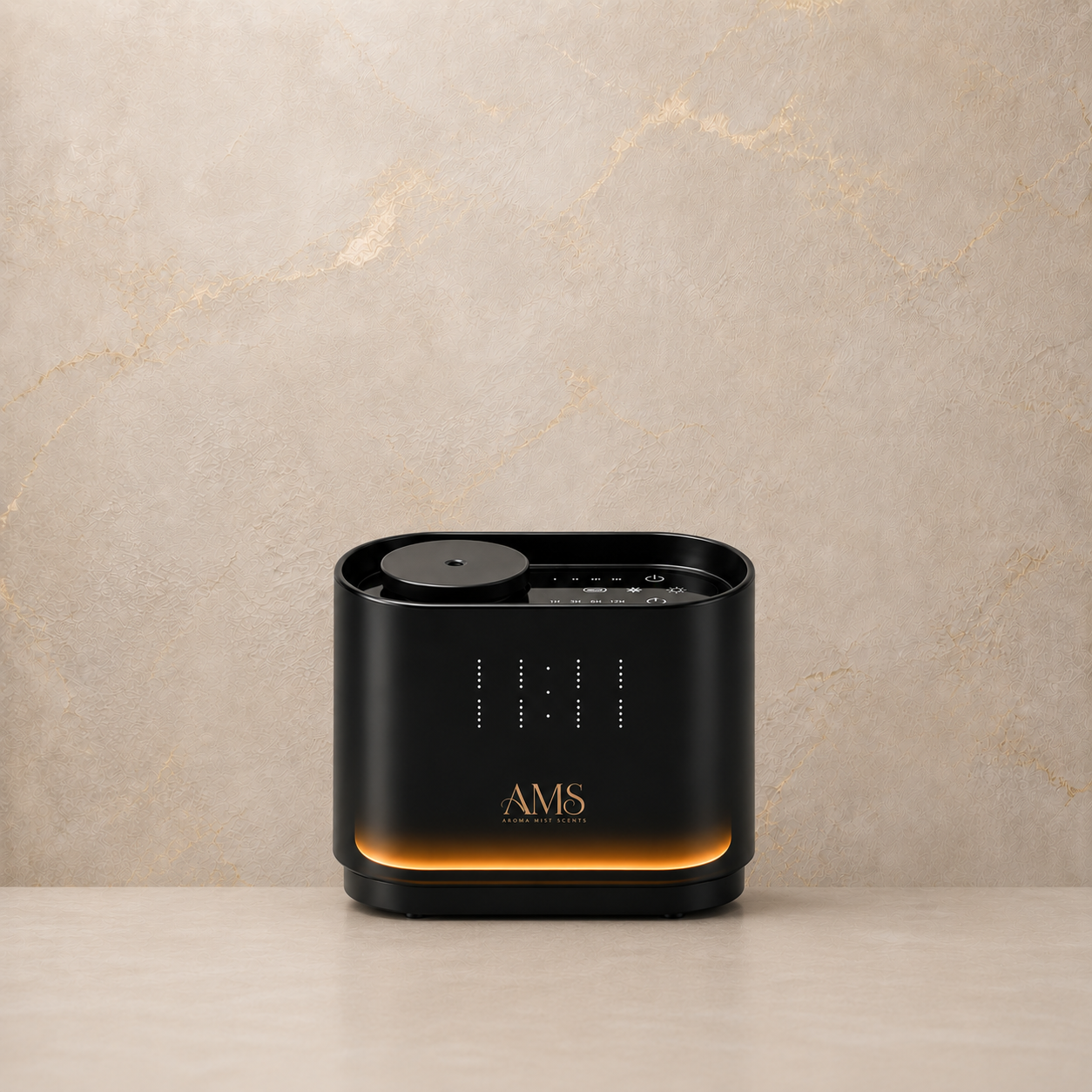 A sleek black cylindrical diffuser with gold lettering that reads 'AMS' and 'AMERICA'S MUSIC' on the front, set against a textured beige marble background.