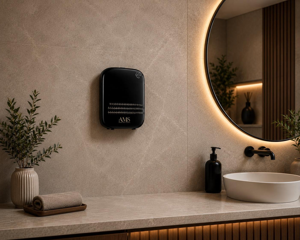 A wall-mounted black diffuser is shown in a modern bathroom setting with a marble countertop, a white vessel sink, a round backlit mirror, and decorative plants.
