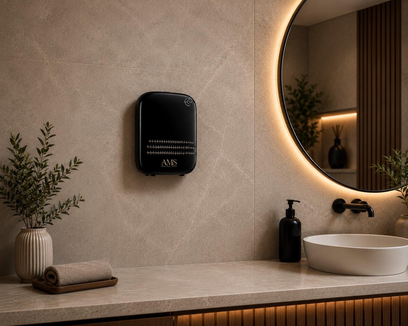 A wall-mounted black diffuser is shown in a modern bathroom setting with a marble countertop, a white vessel sink, a round backlit mirror, and decorative plants.