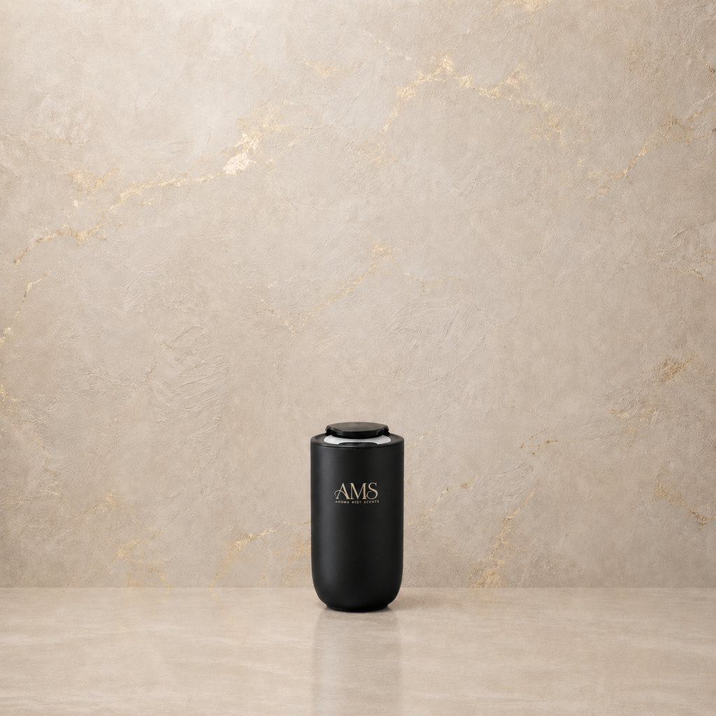 A matte black cylindrical diffuser with a gold 'AMS' logo, standing on a polished stone surface against a textured beige marble wall.