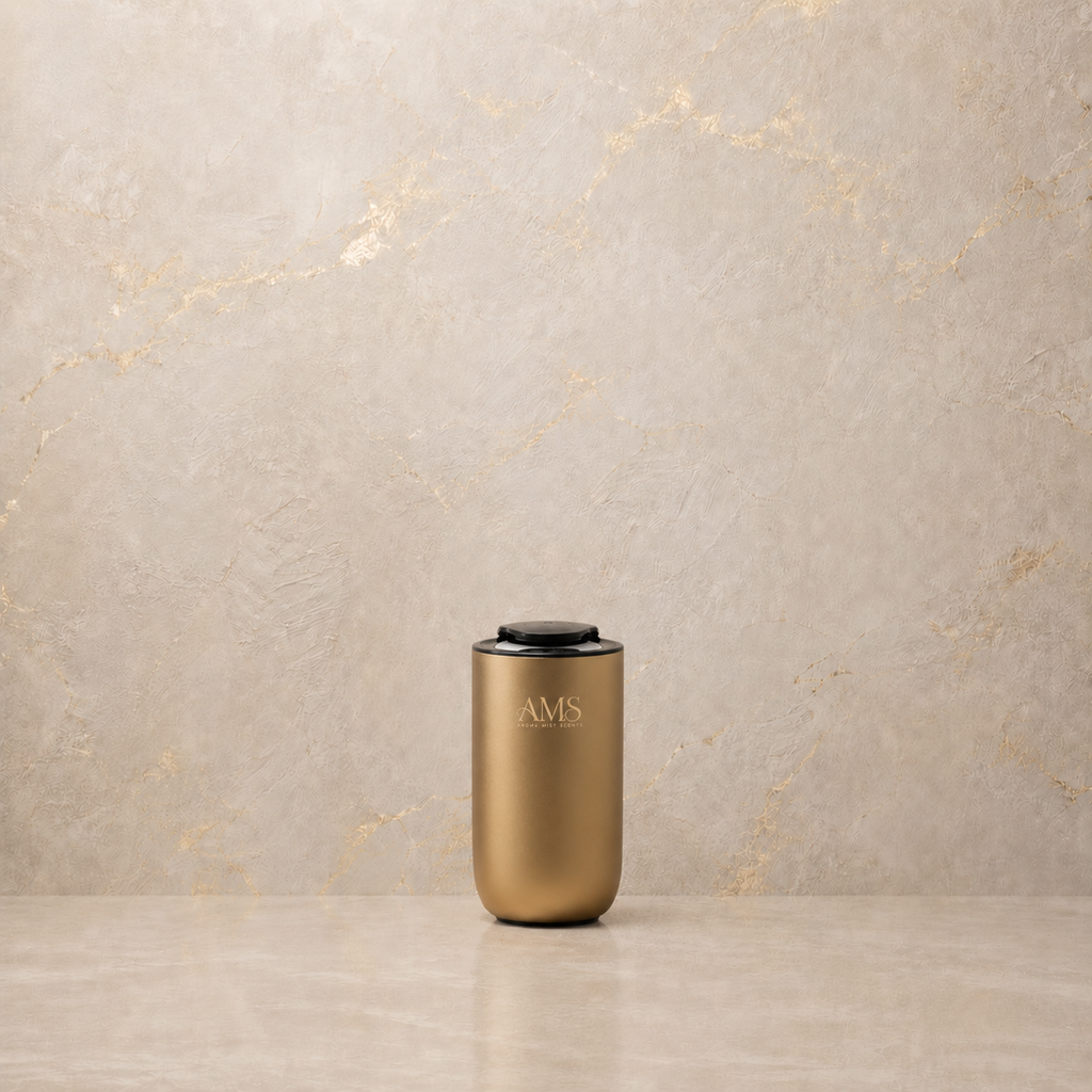 A sleek, cylindrical metallic gold diffuser with a black lid and the letters 'AMS' printed on the front, set against a textured beige marble background.