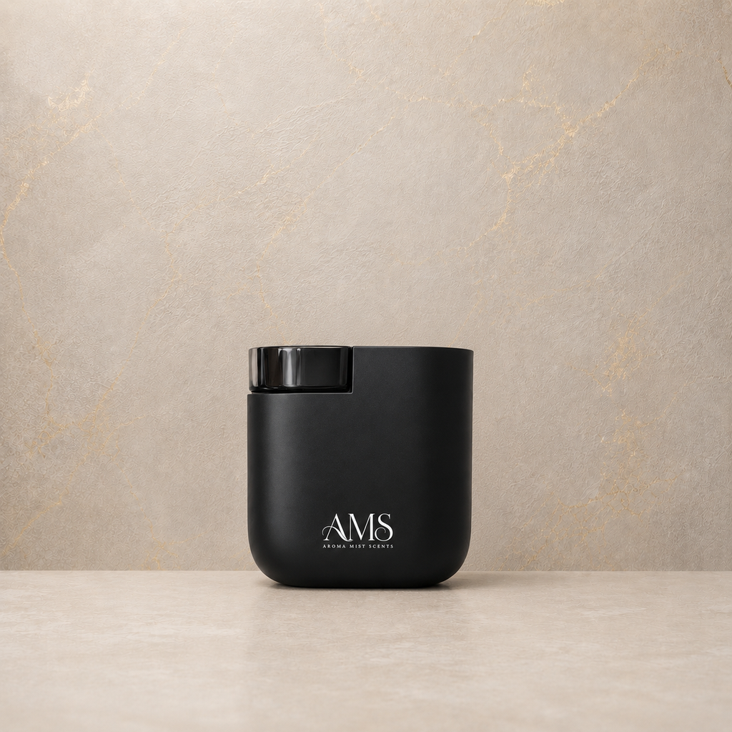 A matte black cylindrical diffuser with a clear top window and white 'AMS AESTHETICS MART' branding, set on a light beige stone surface against a textured beige wall.