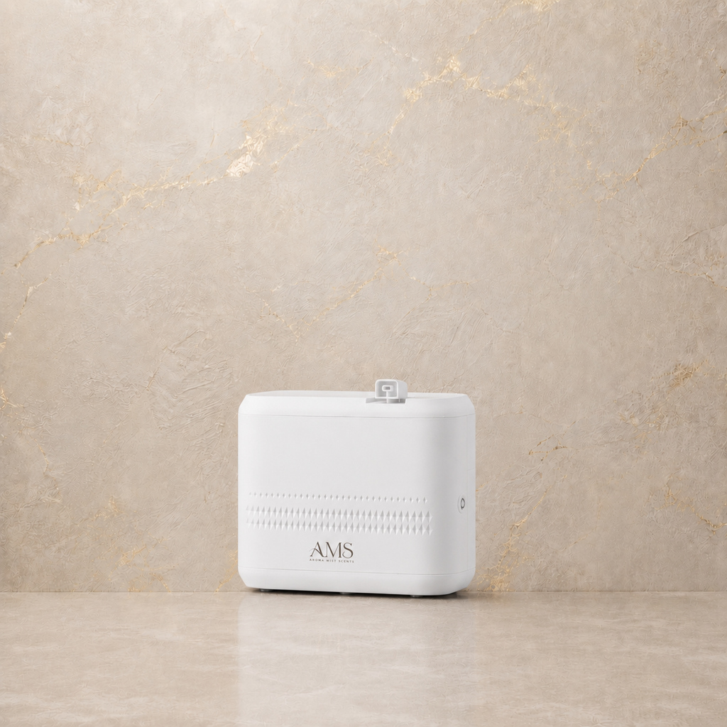 A white rectangular electronic diffuser with the brand name 'AMIS' printed on the front, set against a textured beige marble background.