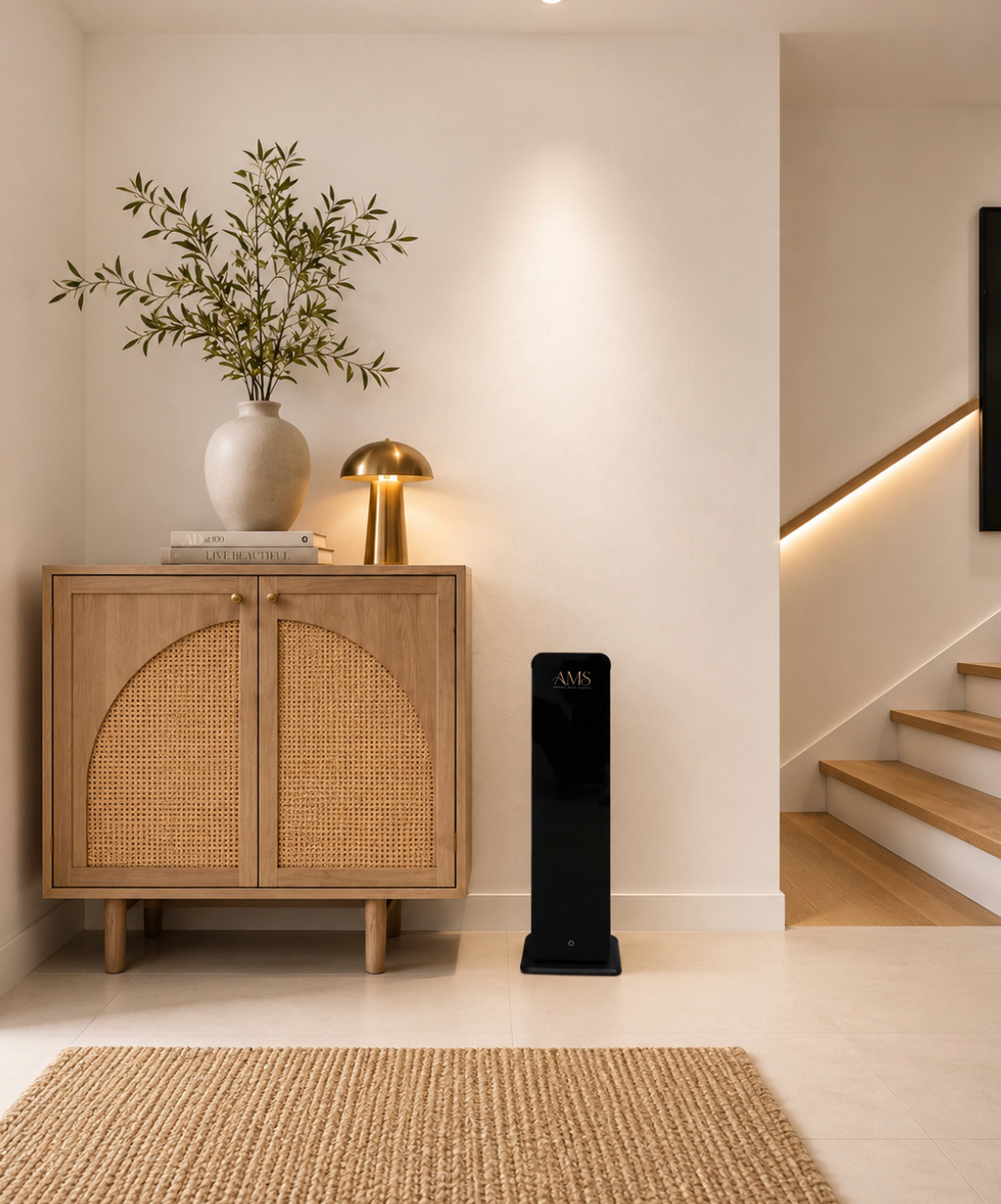 A modern interior scene featuring a tall black floor-standing diffuser next to a light wood cabinet with woven cane doors, styled with a white vase of greenery and a gold table lamp.