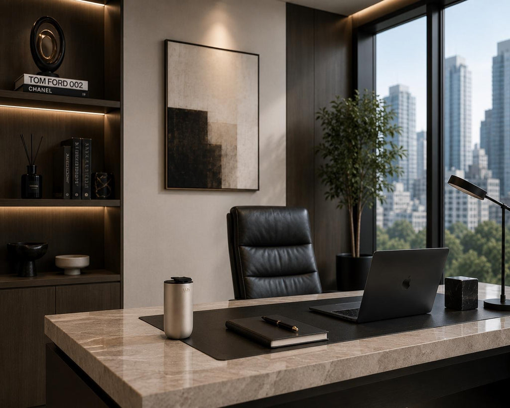 A modern home office setup featuring a large marble-top desk with a black leather office chair, a laptop, and a desk diffuser, set against a wall with built-in shelves and a large window overlooking a city skyline.